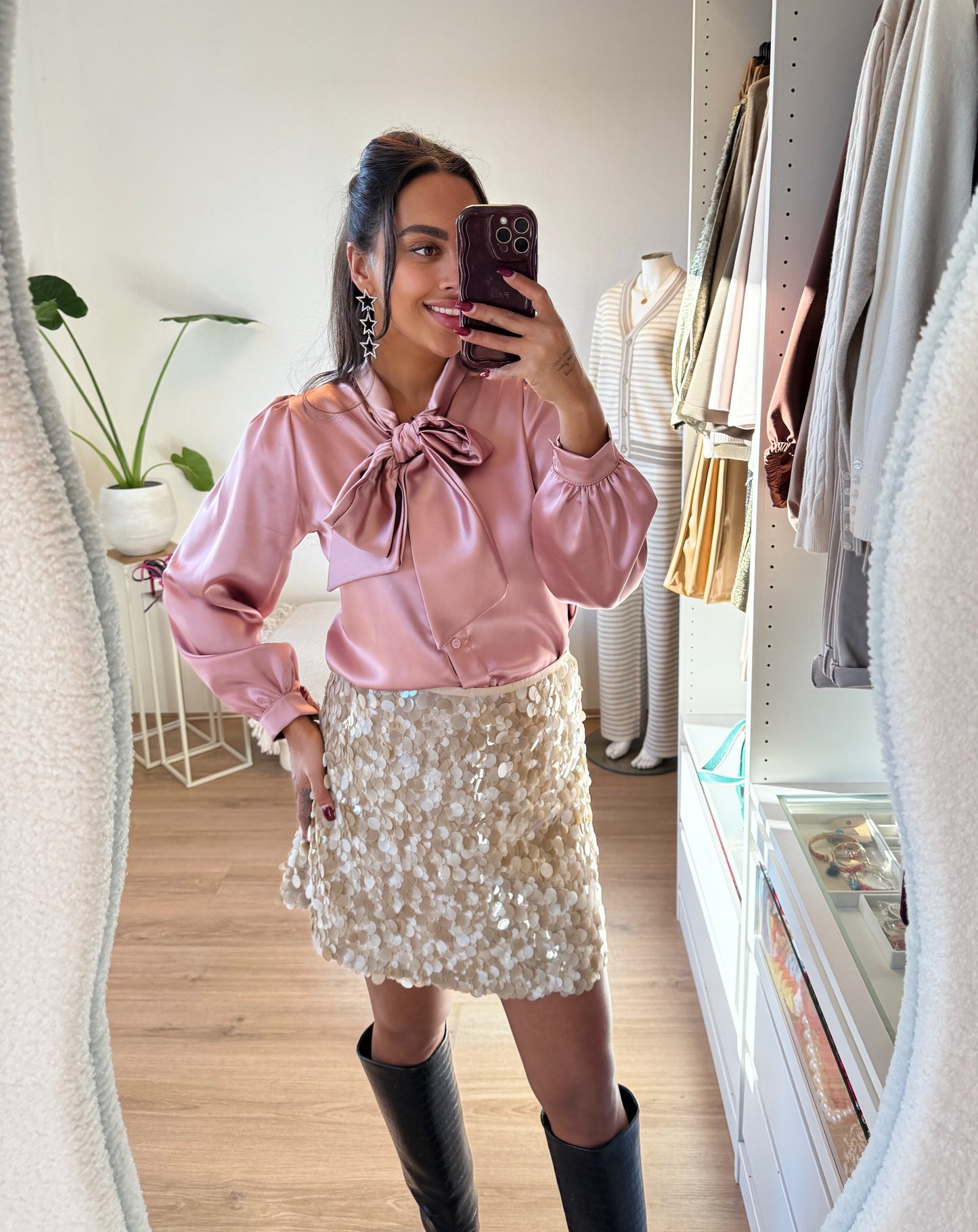 Blouse satijn met strik oudroze