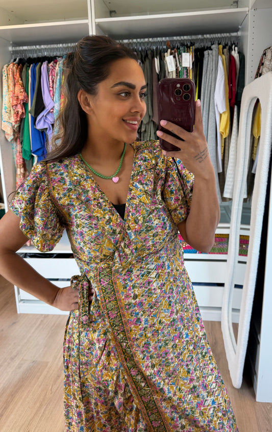 Golden detail flower wrap dress yellow & green & pink & blue