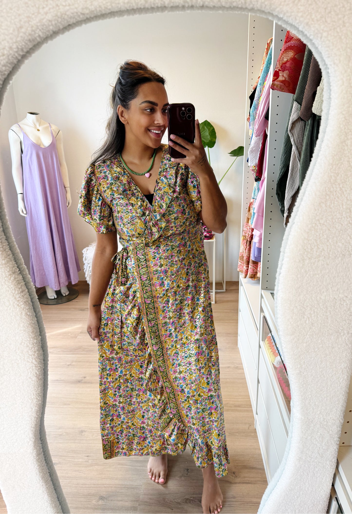 Golden detail flower wrap dress yellow & green & pink & blue