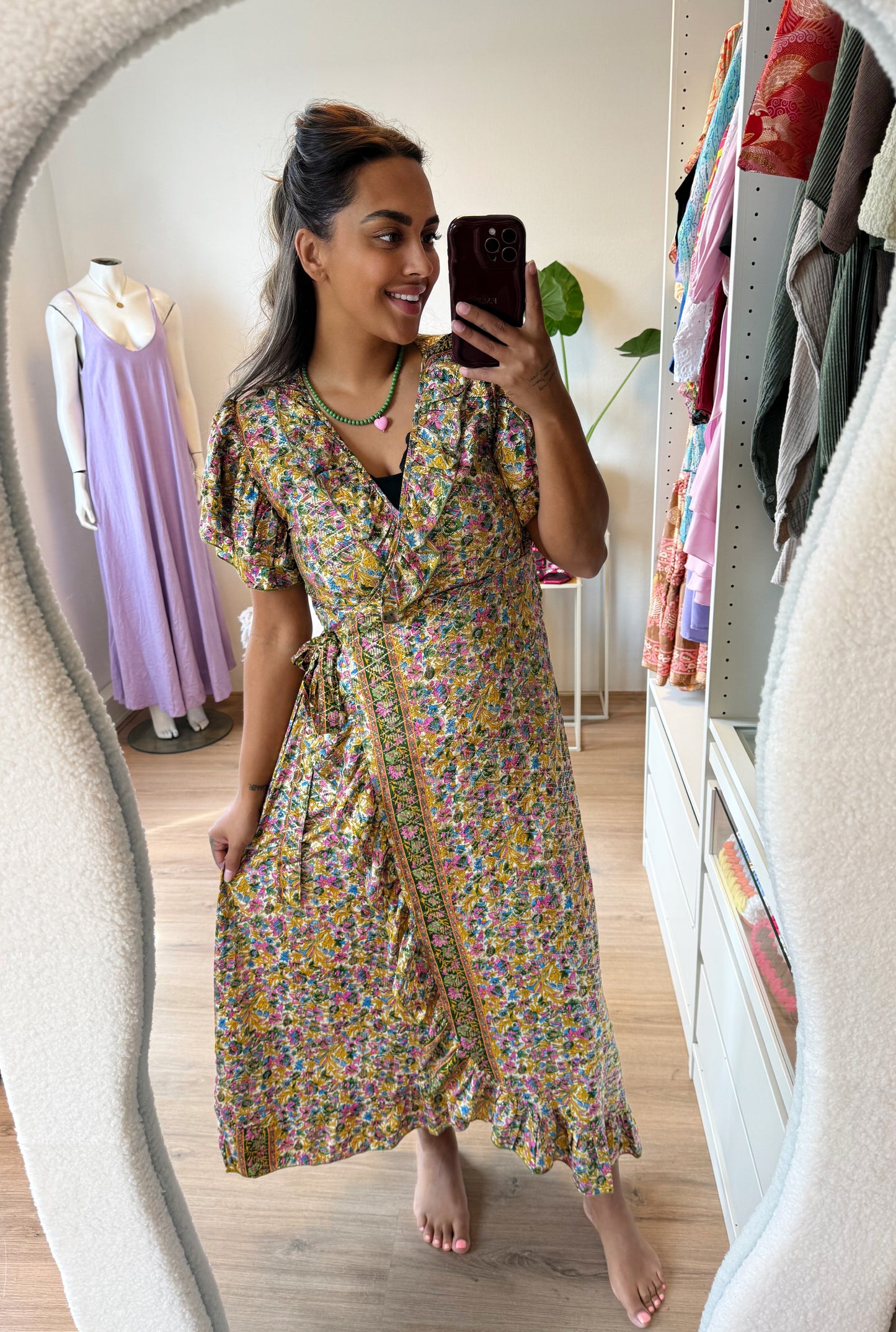 Golden detail flower wrap dress yellow & green & pink & blue