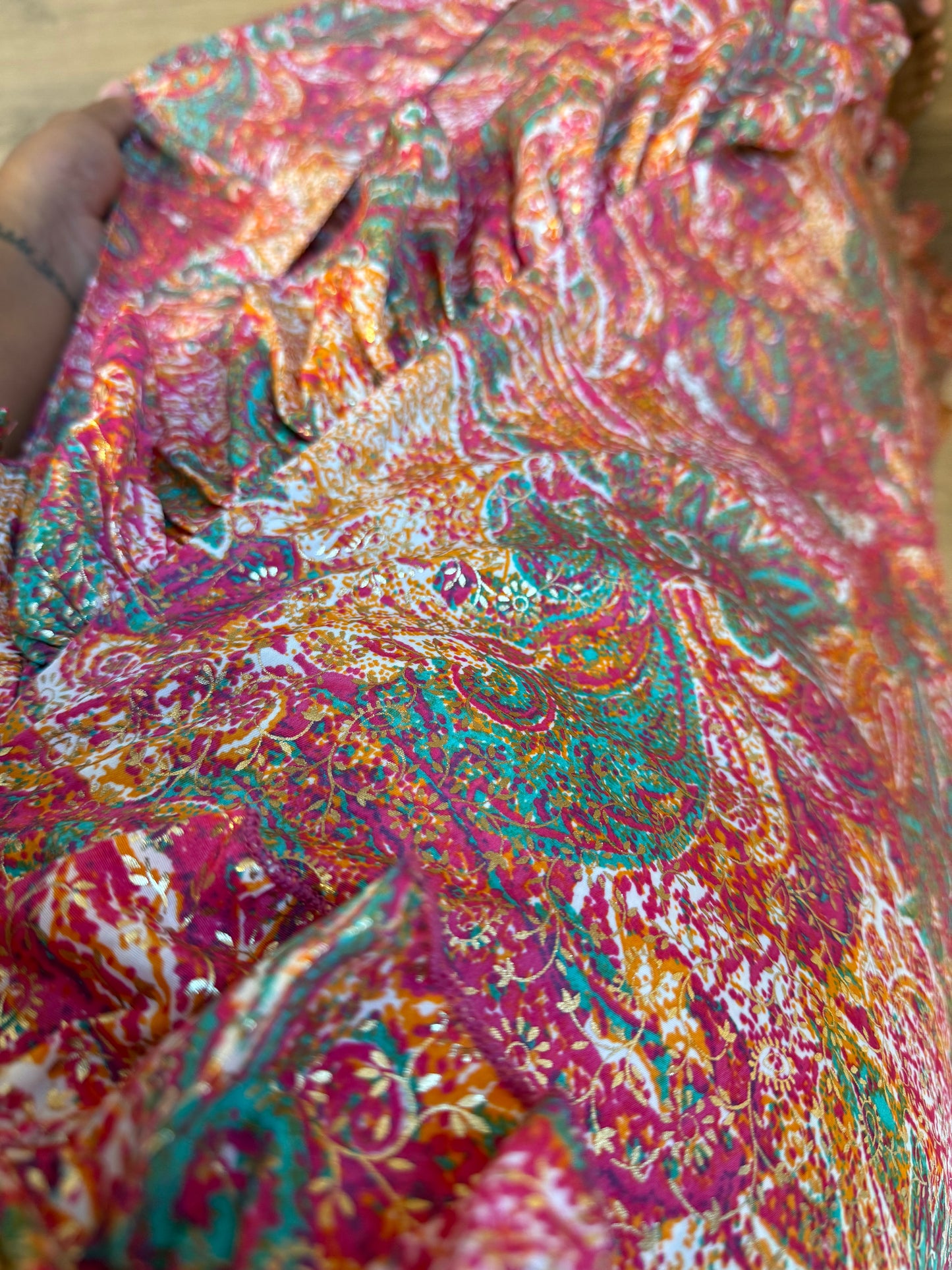 Golden detail flower wrap dress pink & mint & orange