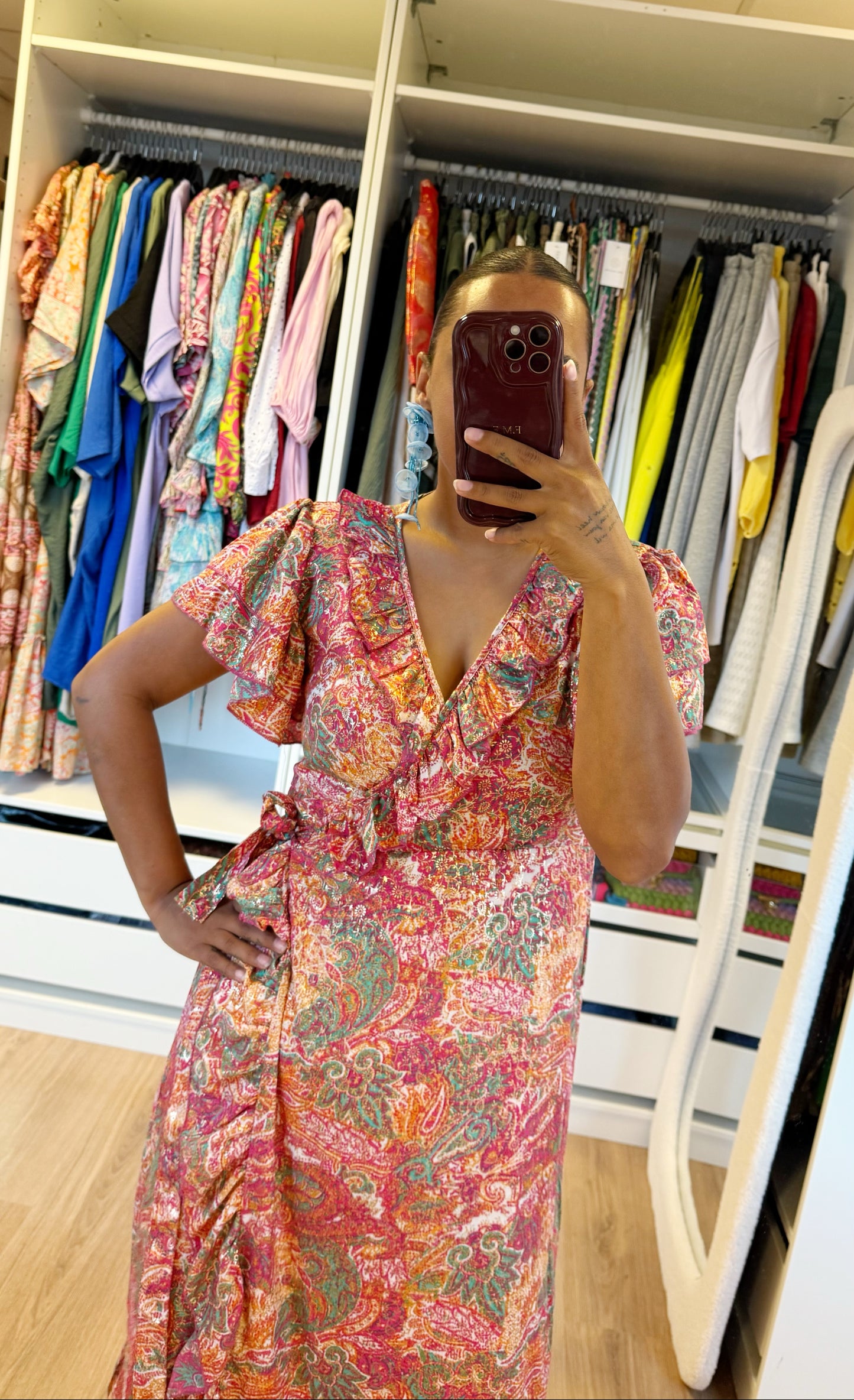 Golden detail flower wrap dress pink & mint & orange