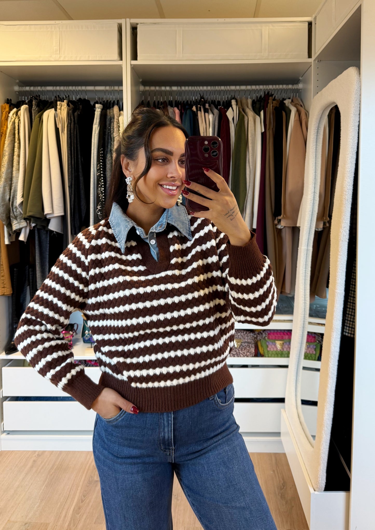 Streep trui met denim kraag wit & bruin