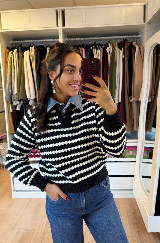 Streep trui met denim kraag wit & zwart