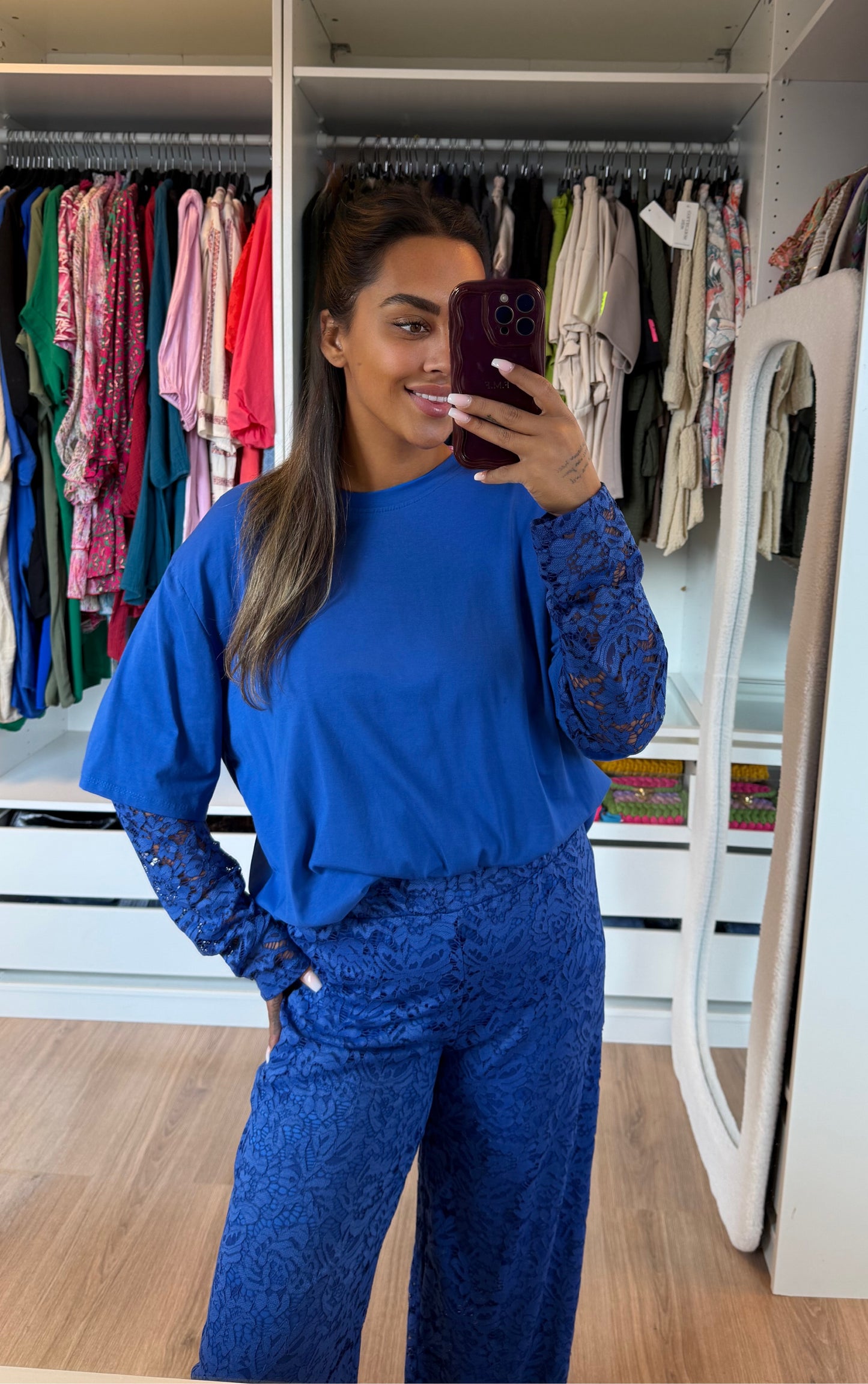 Leah lace T-shirt longsleeve kobalt