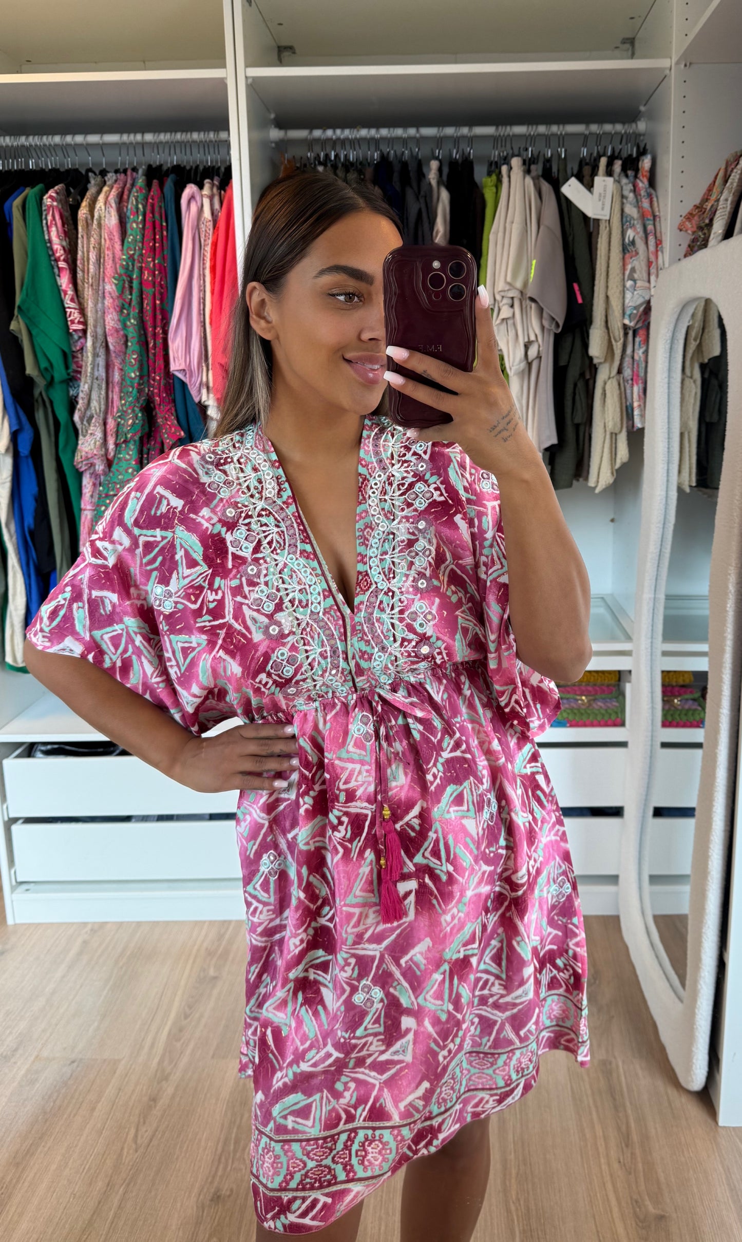 Boho dress dark pink & mint