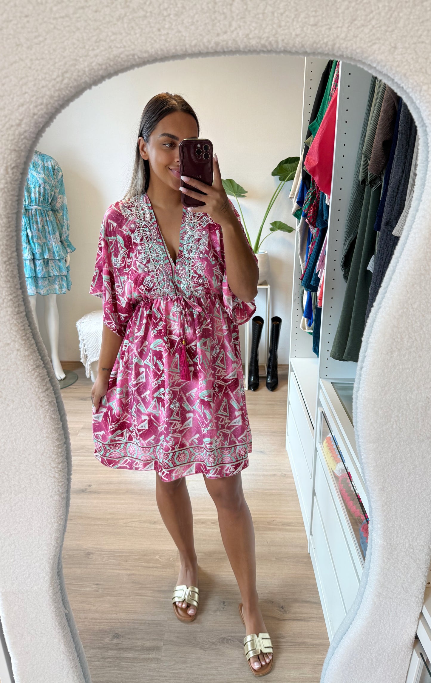 Boho dress dark pink & mint