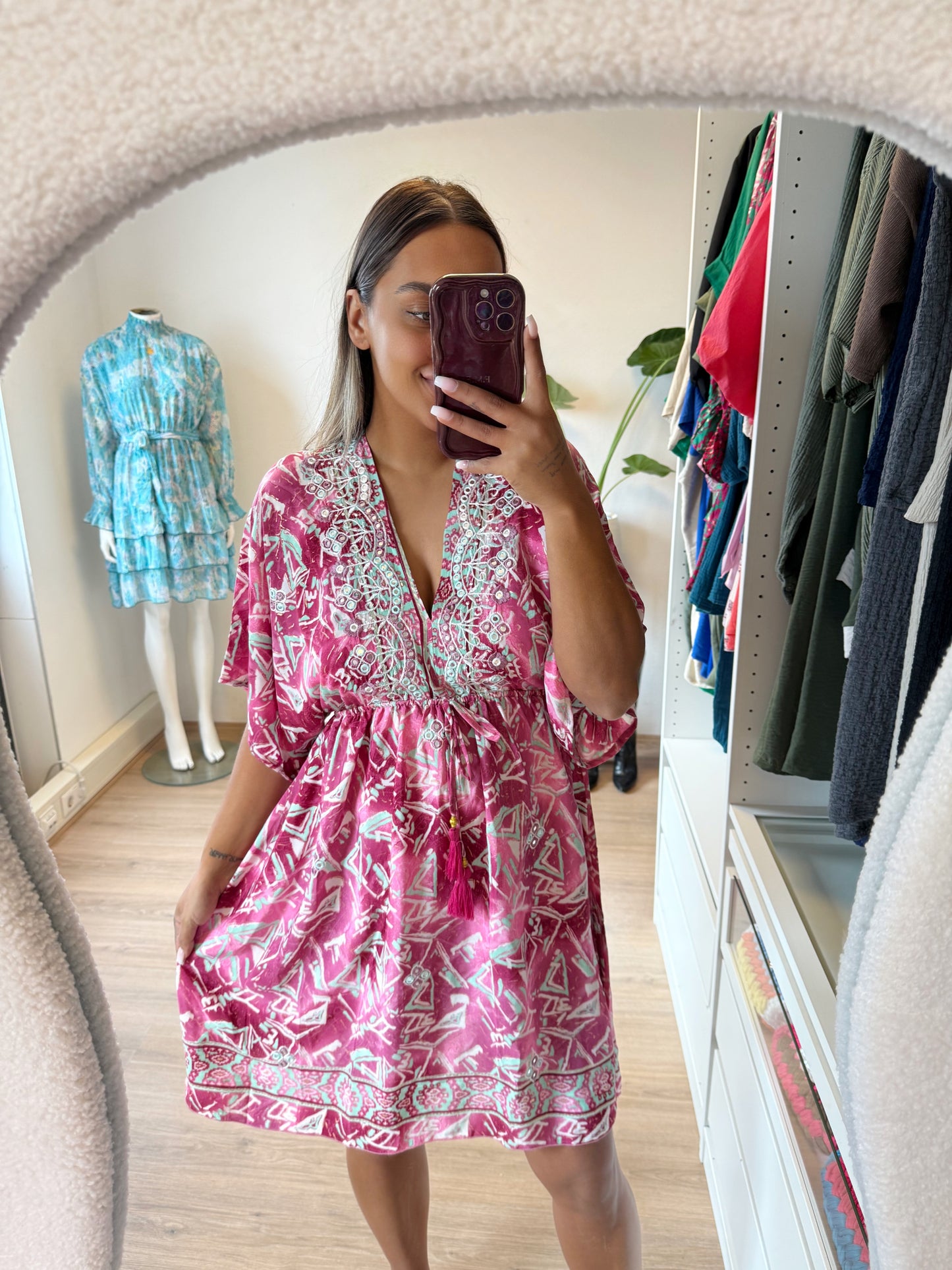 Boho dress dark pink & mint