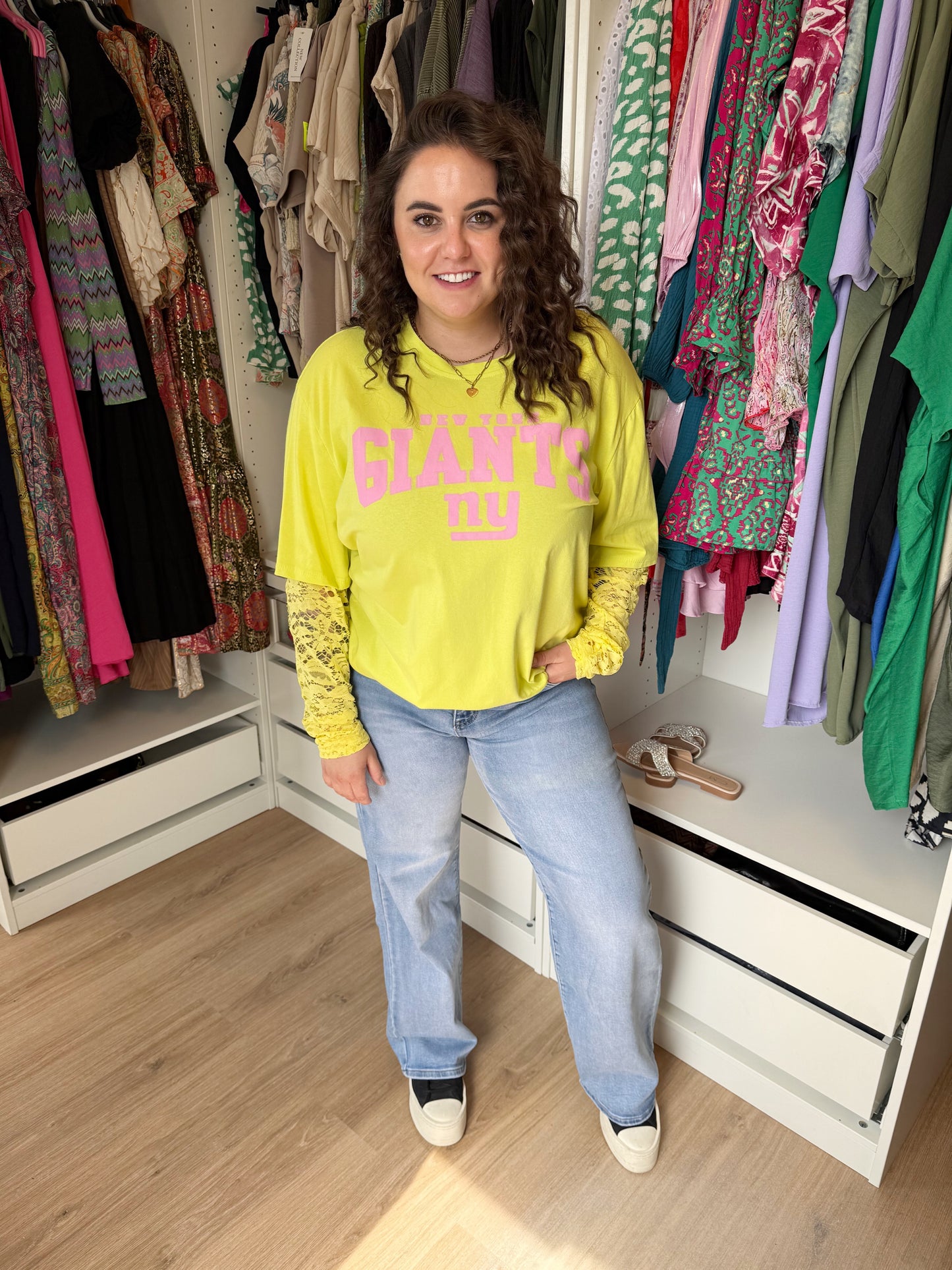 New york longsleeve lace T-shirt yellow & pink