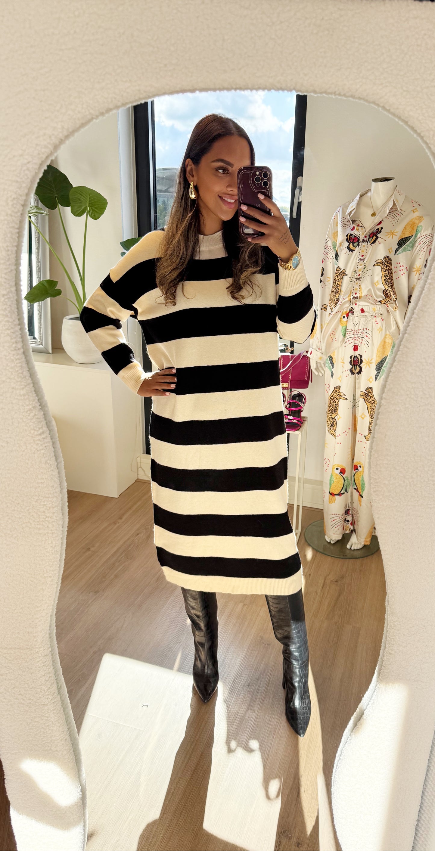 Kaelynn knitted stripe dress beige & black