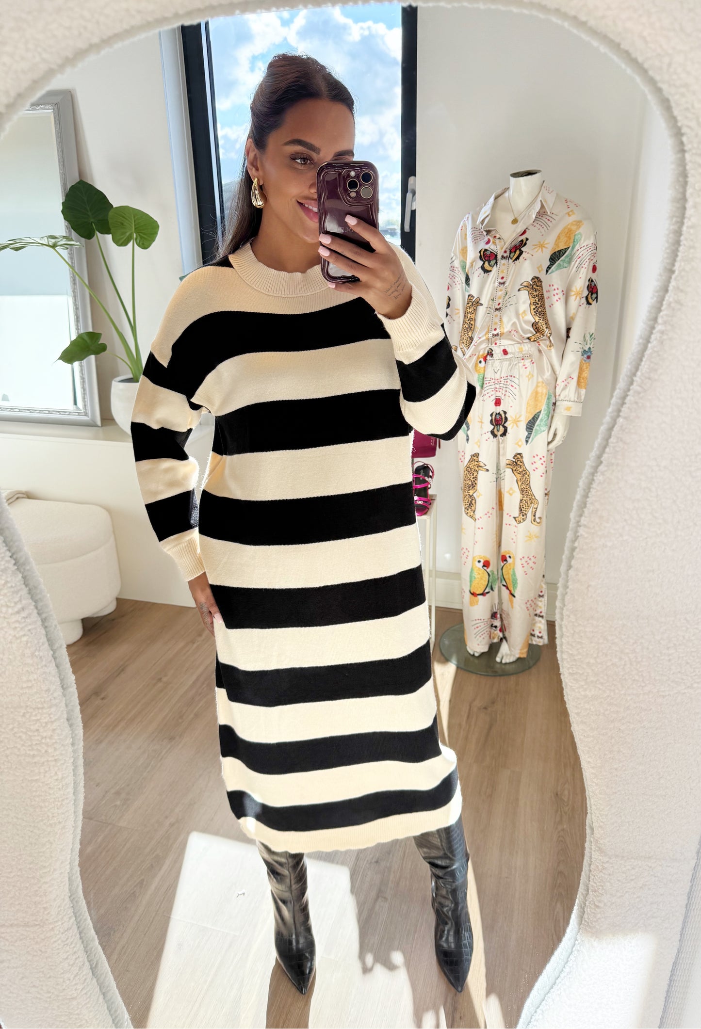 Kaelynn knitted stripe dress beige & black