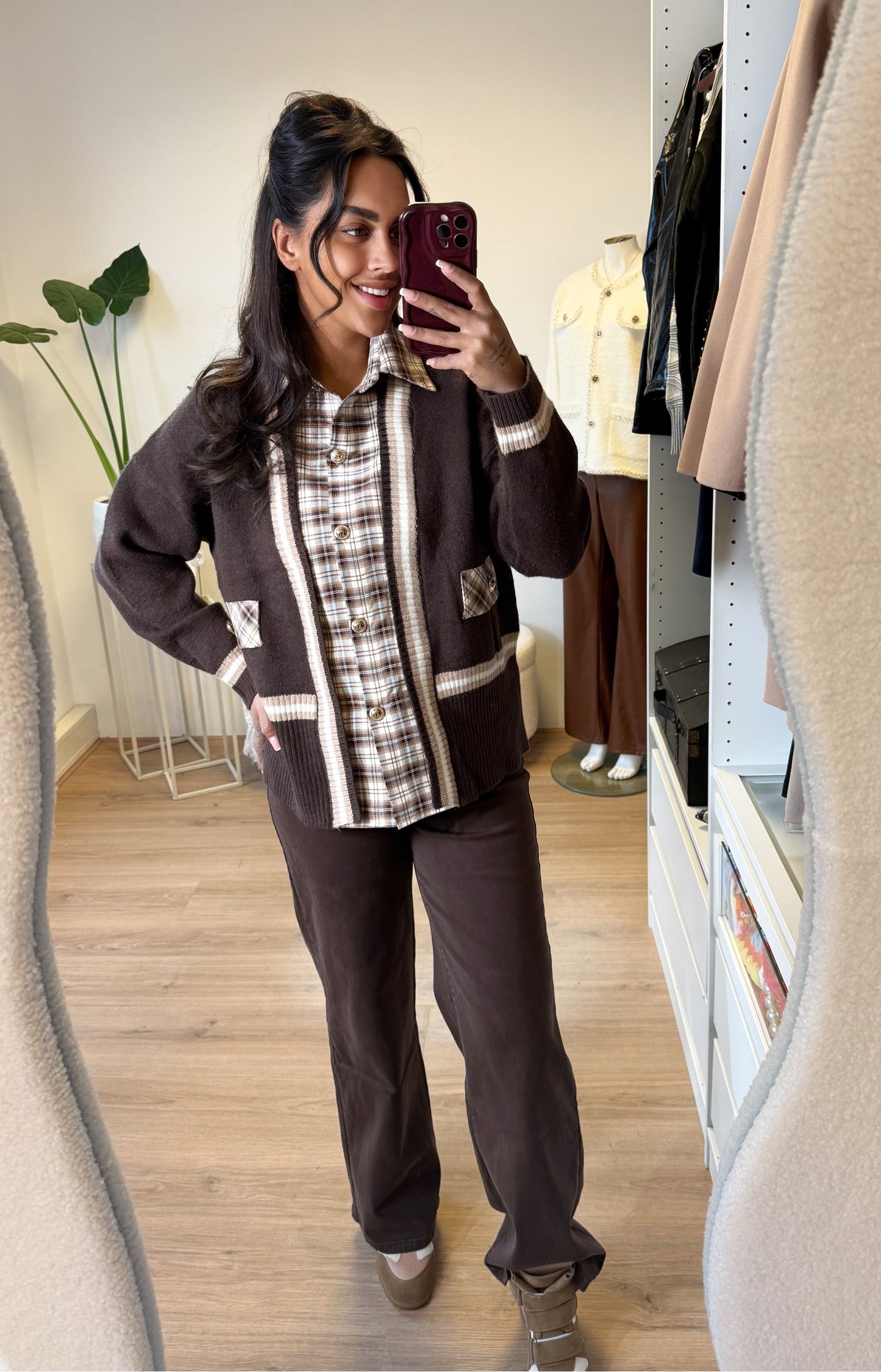 2 in 1 blouse trui met ruit print choco bruin