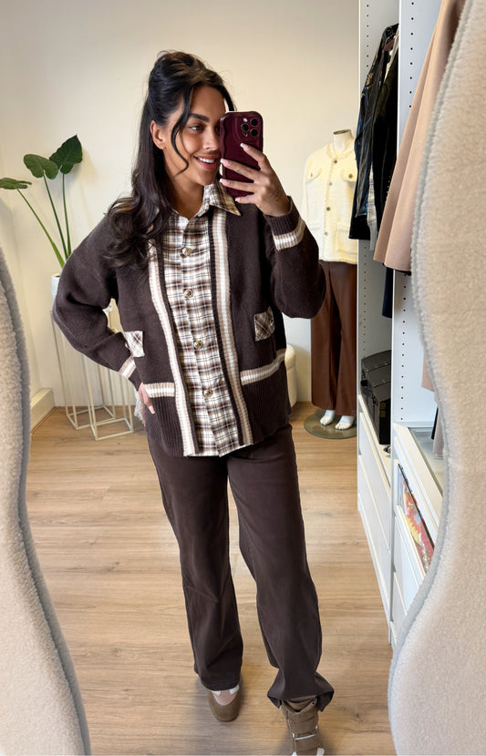 2 in 1 blouse trui met ruit print choco bruin