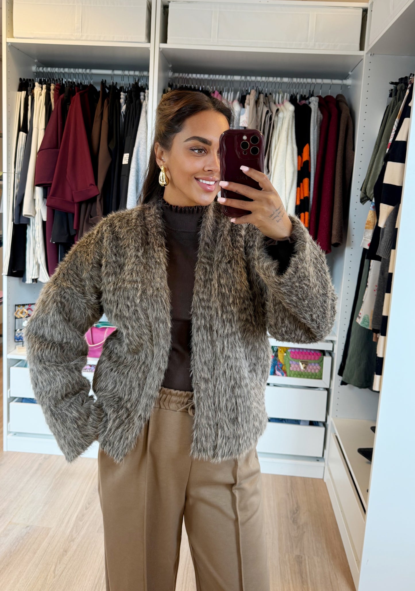 Noor soft faux fur jacket brown