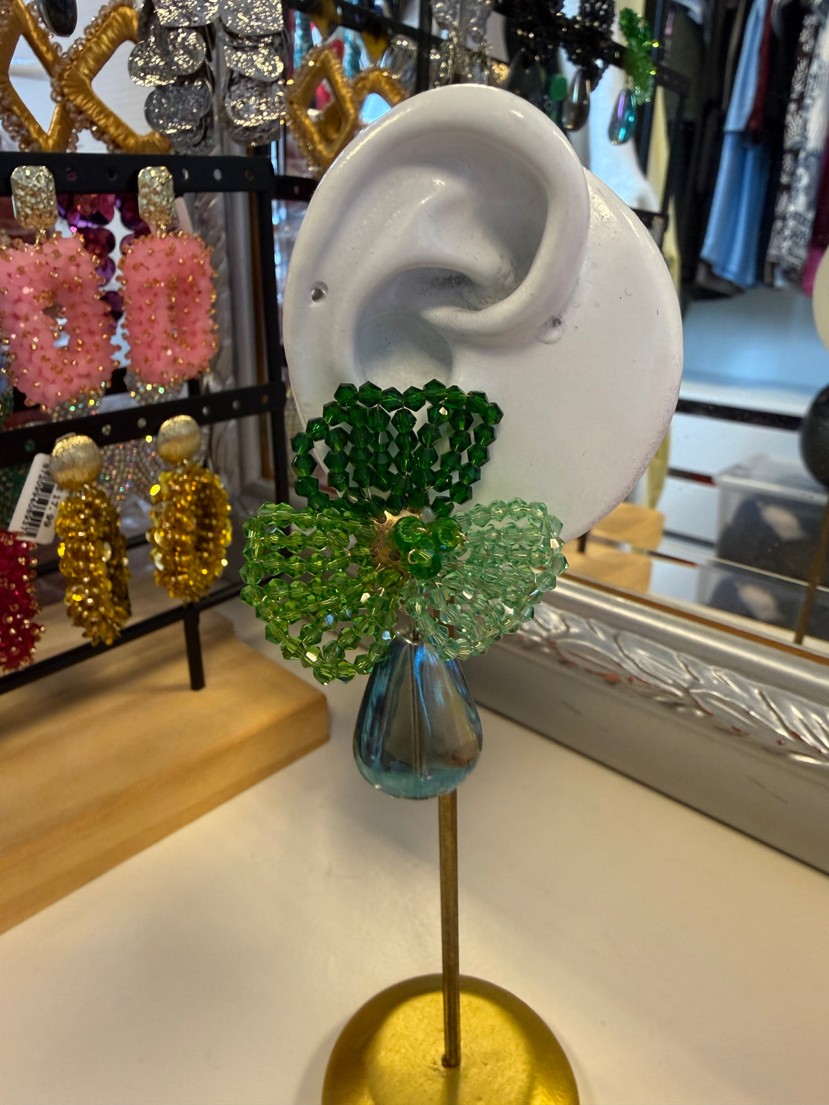 Flower Earrings With Pearl - Green