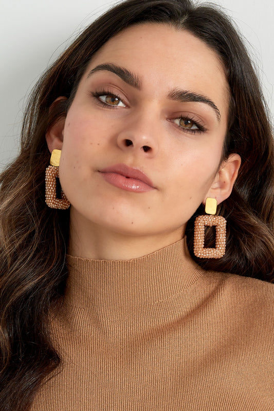 Rectangle Earrings With Glass Beads - light peach