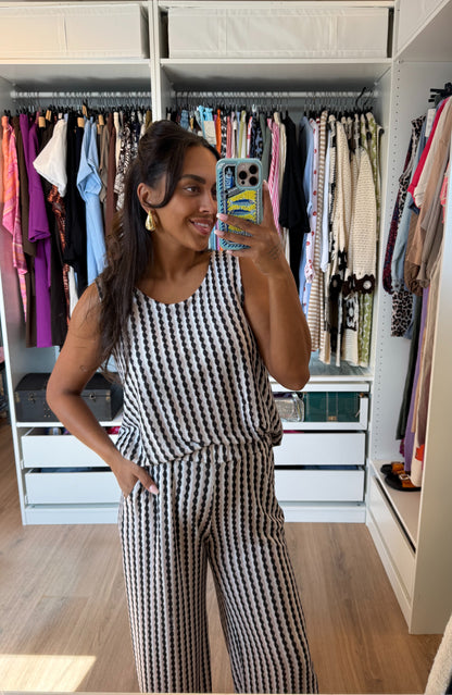 Tweedelige set shiny met print beige & zwart