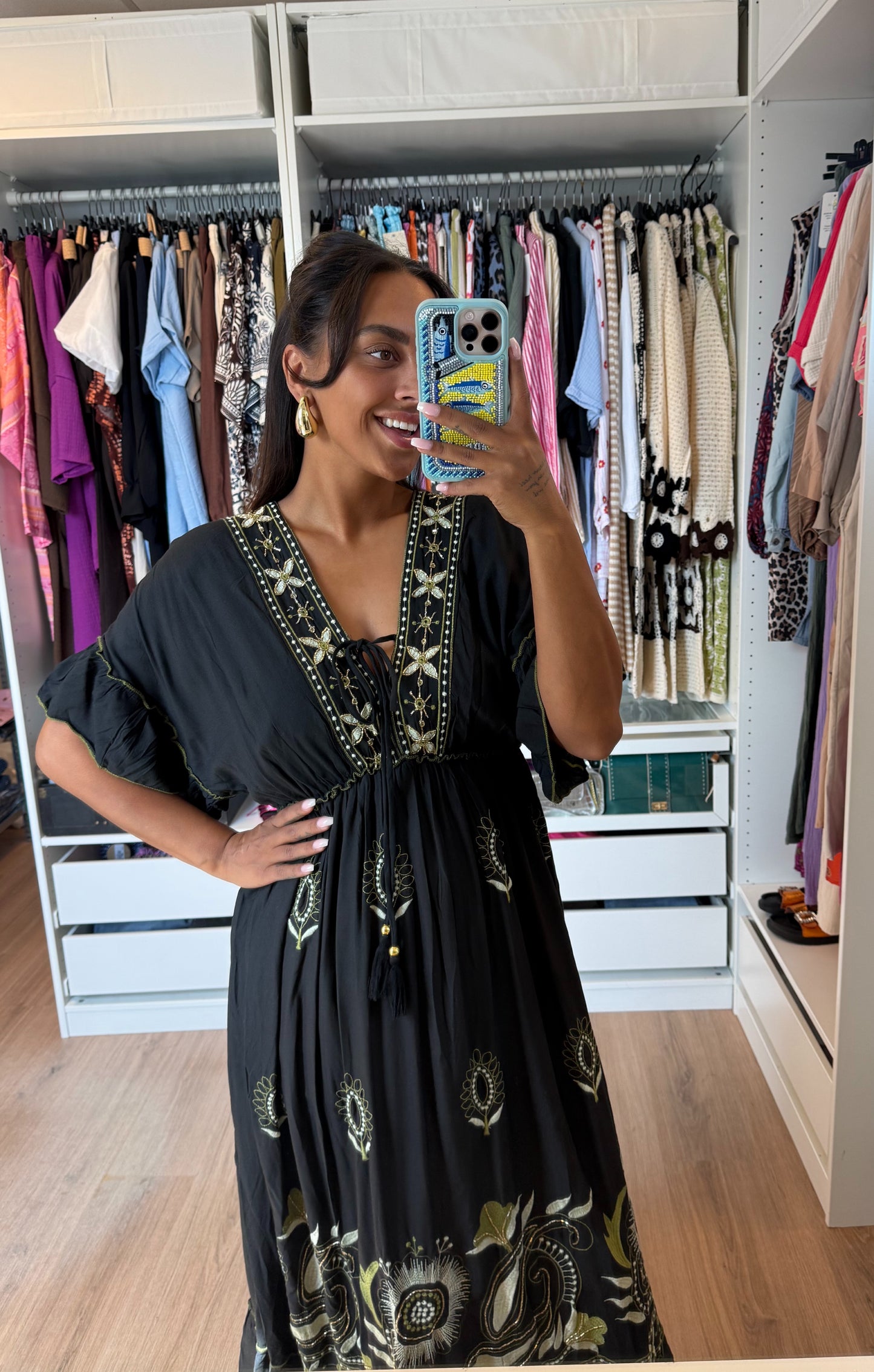 Maxi jurk boho met borduursels zwart & groen