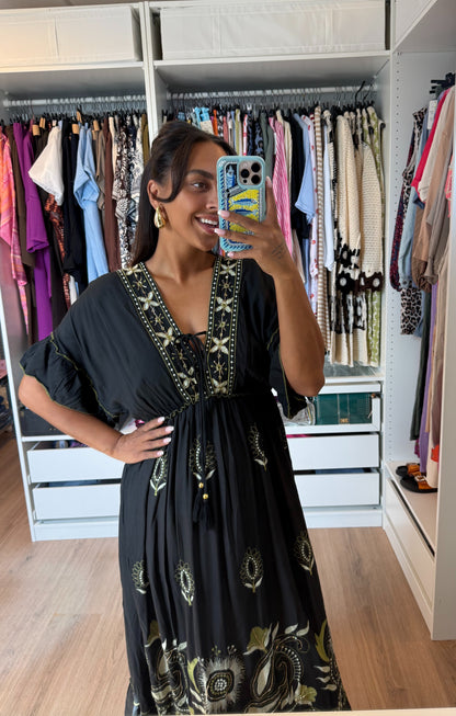 Maxi jurk boho met borduursels zwart & groen