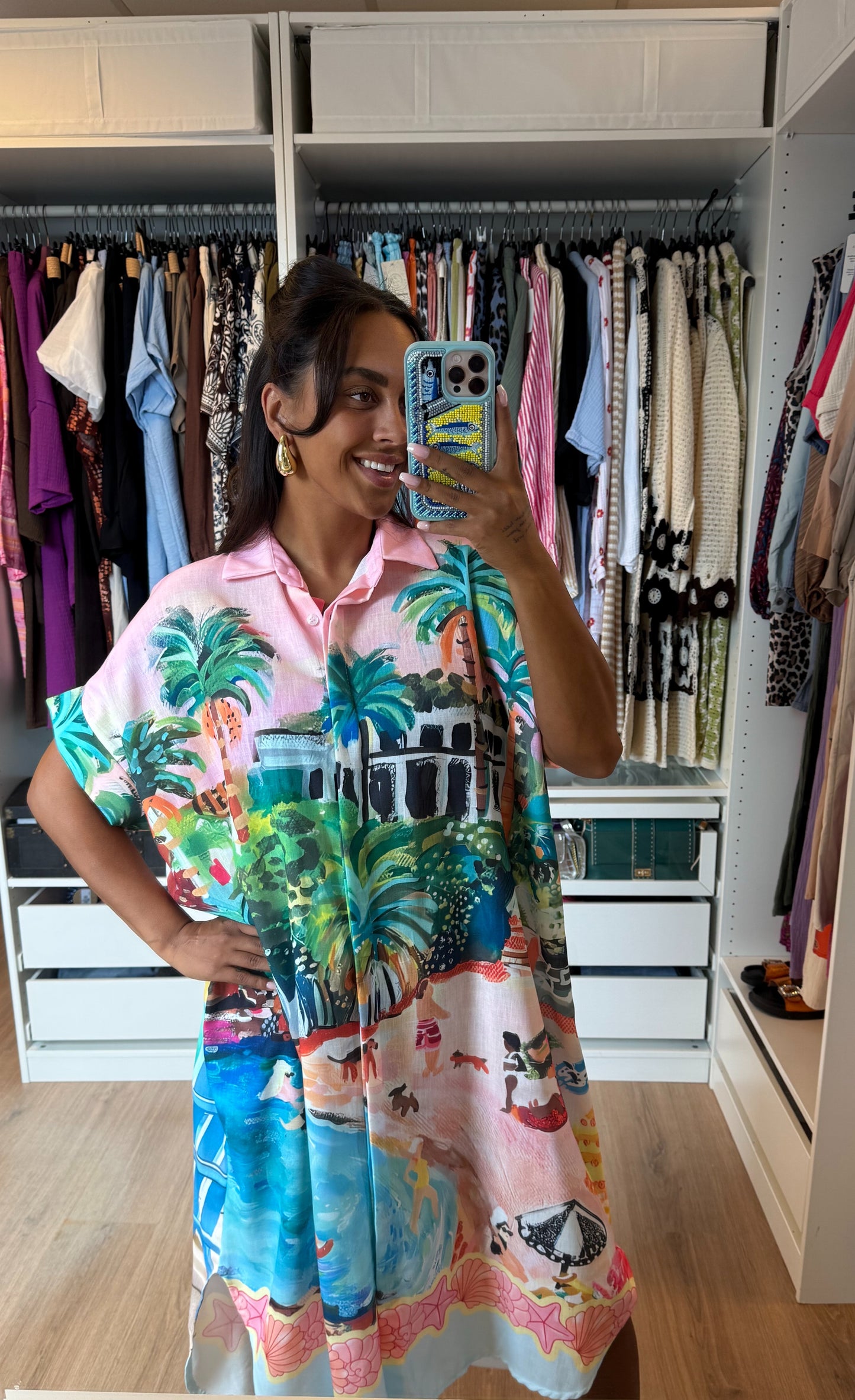Midi linnen jurk dolce vita print lichtroze