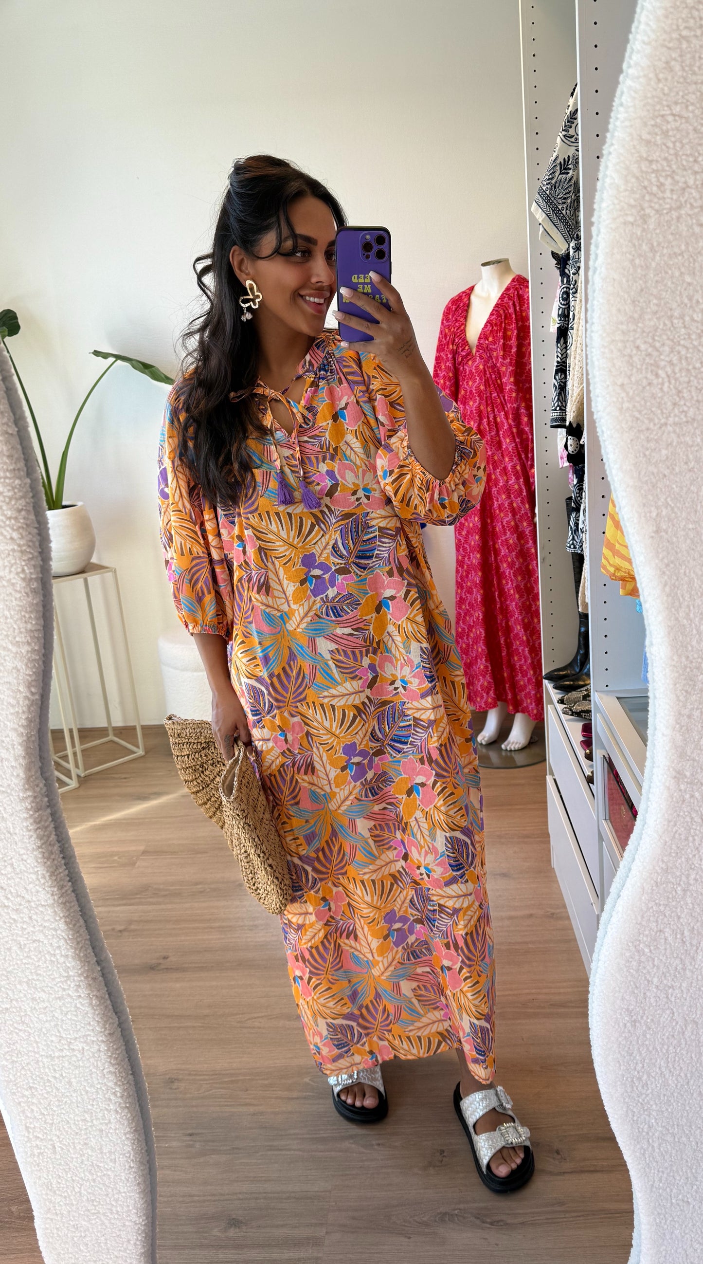 Maxi jurk met print oranje & paars