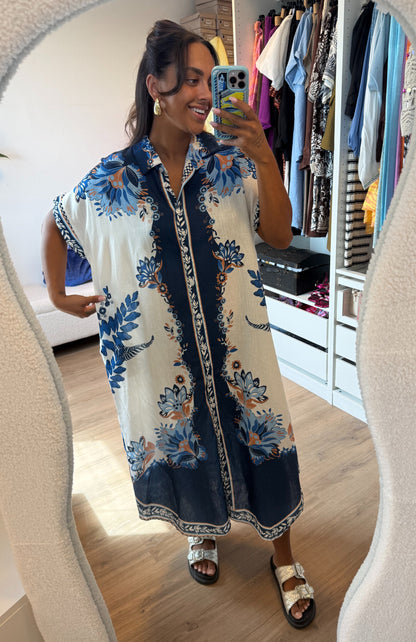 Midi linnen jurk dolce vita print blauw & wit