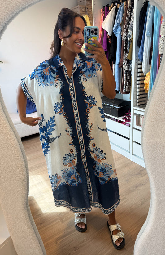 Midi linnen jurk dolce vita print blauw & wit
