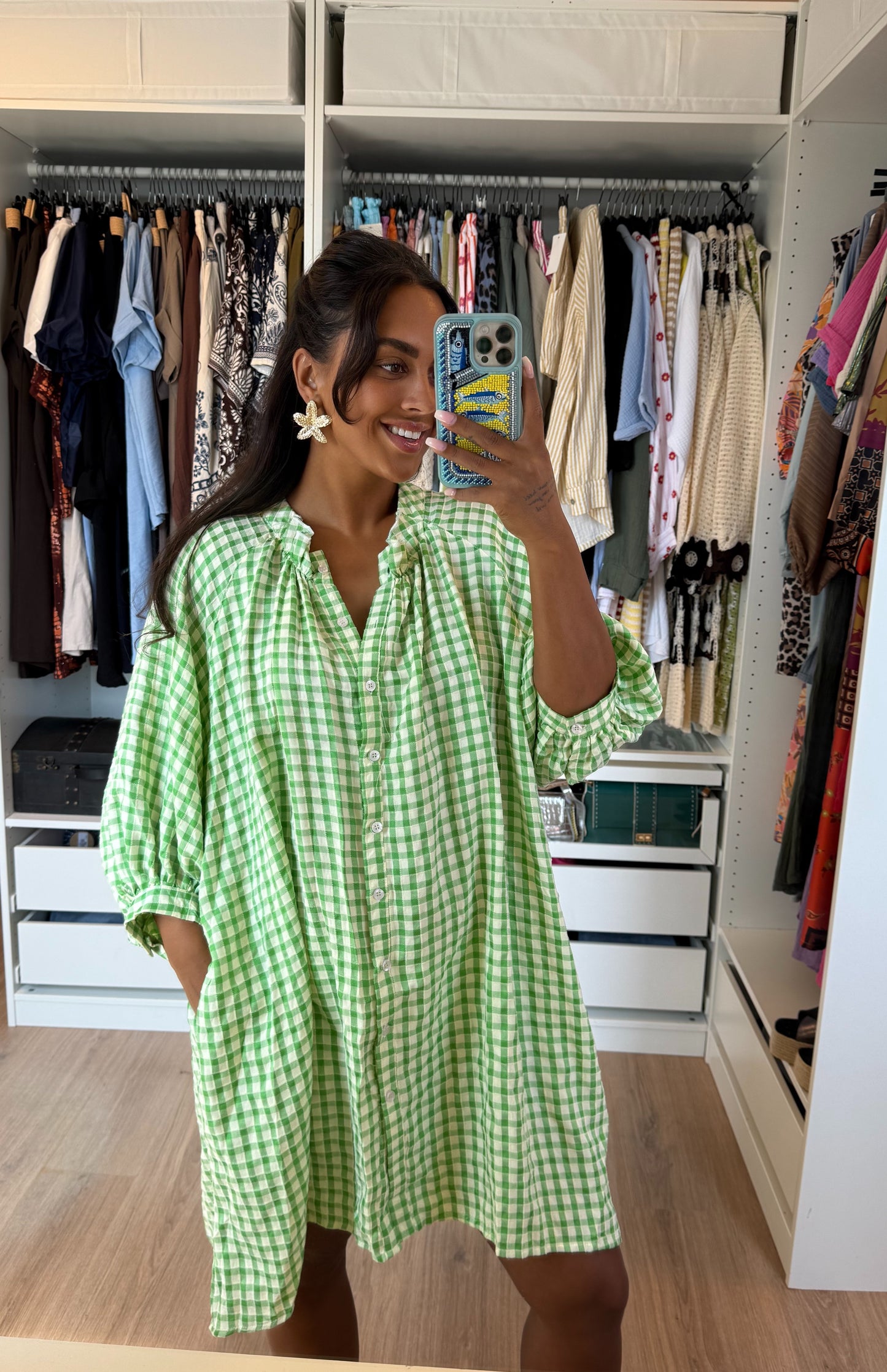 Jurk met ruitjesprint groen & wit