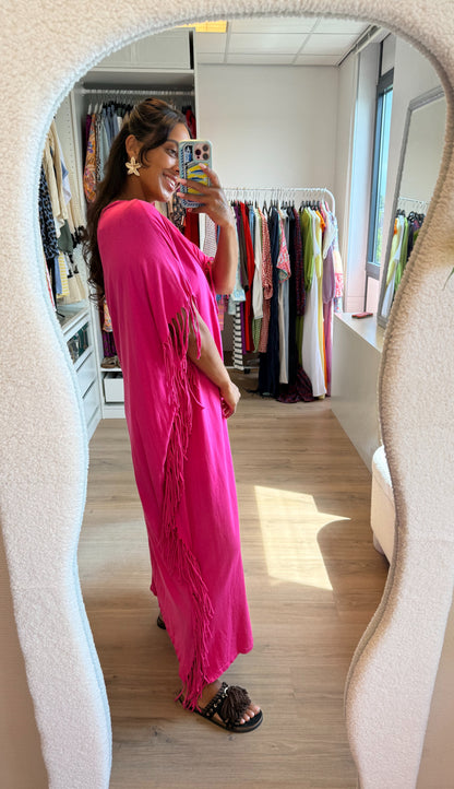Maxi fringe jurk roze