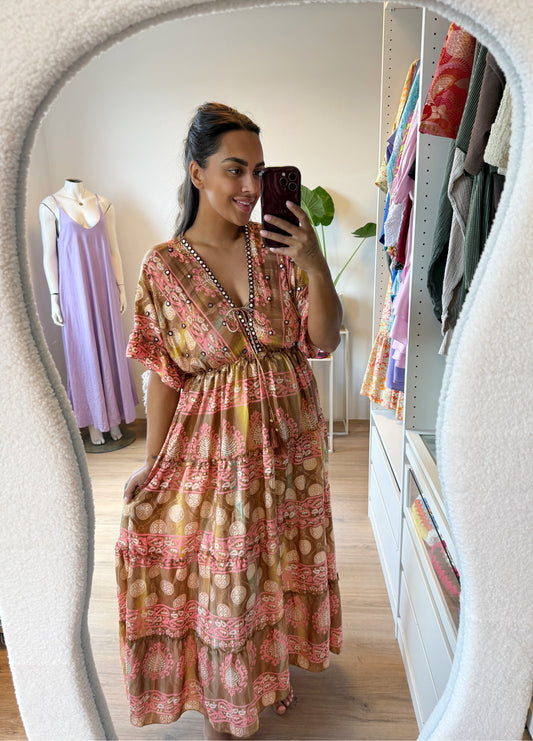 Boho maxi dress pink & brown