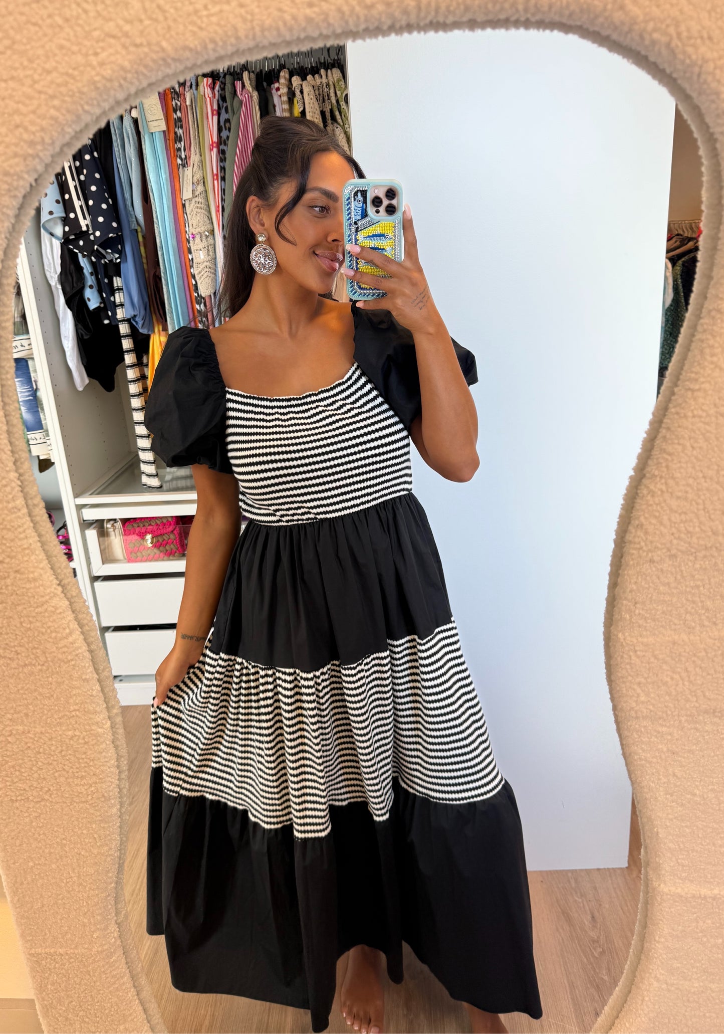 Maxi jurk off shoulder zwart & wit