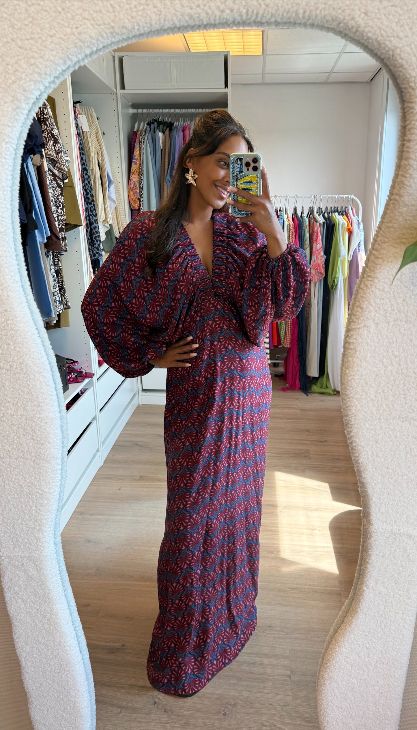 Maxi jurk met print & ballonmouwen roze & blauw
