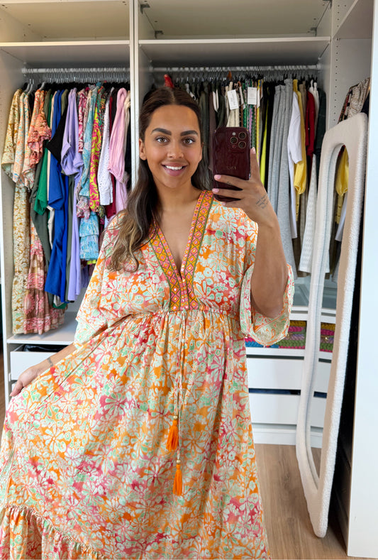Boho maxi dress orange & pink