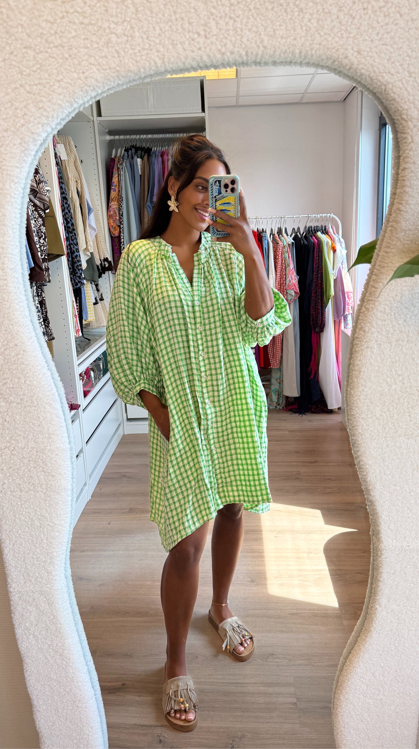 Jurk met ruitjesprint groen & wit