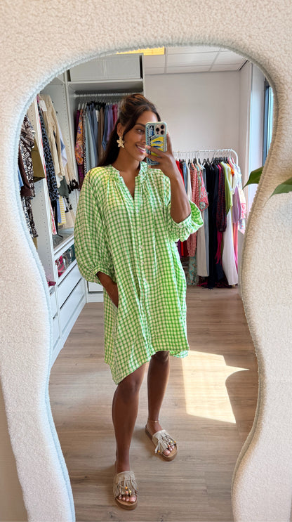 Jurk met ruitjesprint groen & wit