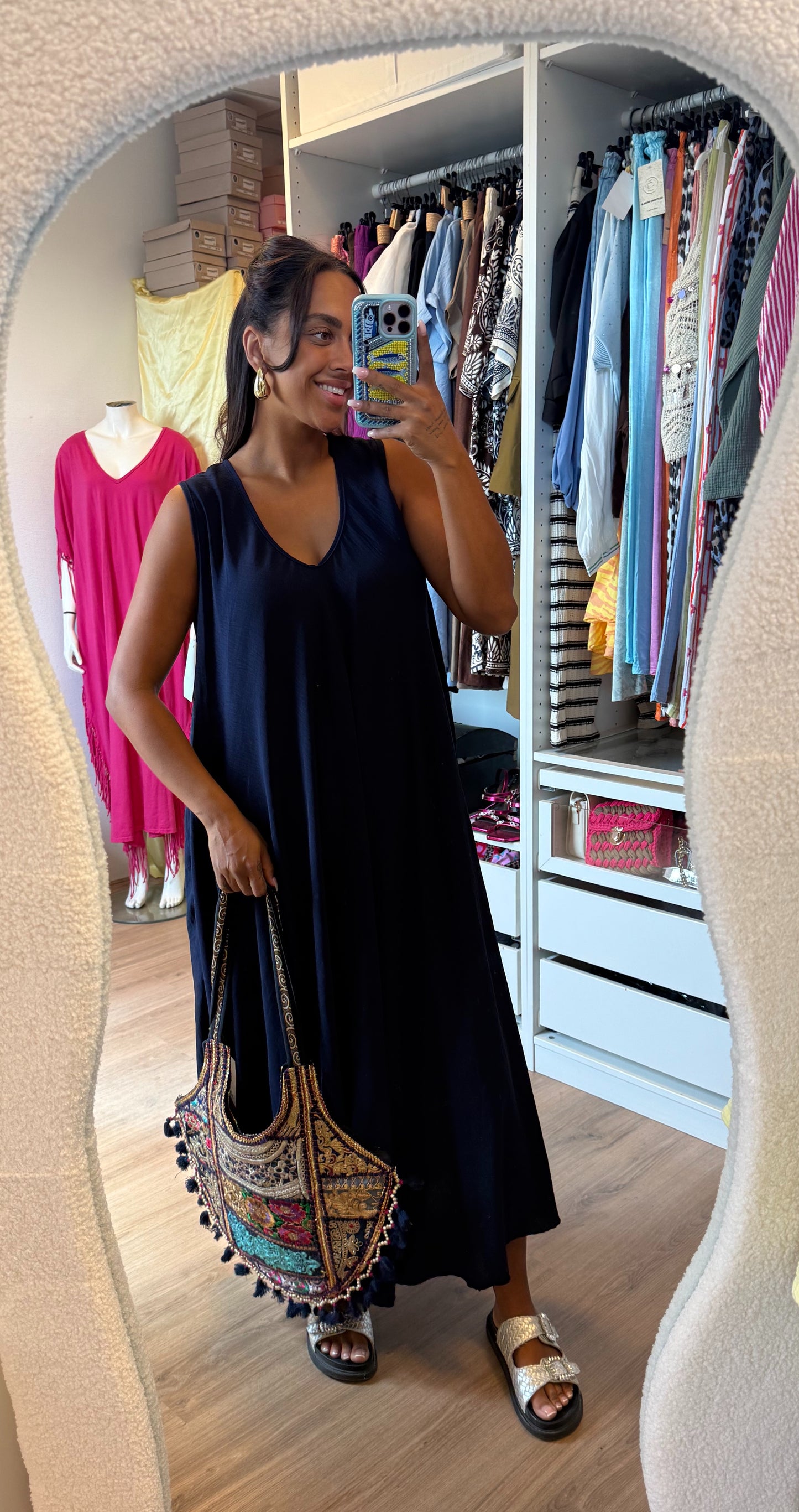 Maxi jurk met v hals donkerblauw