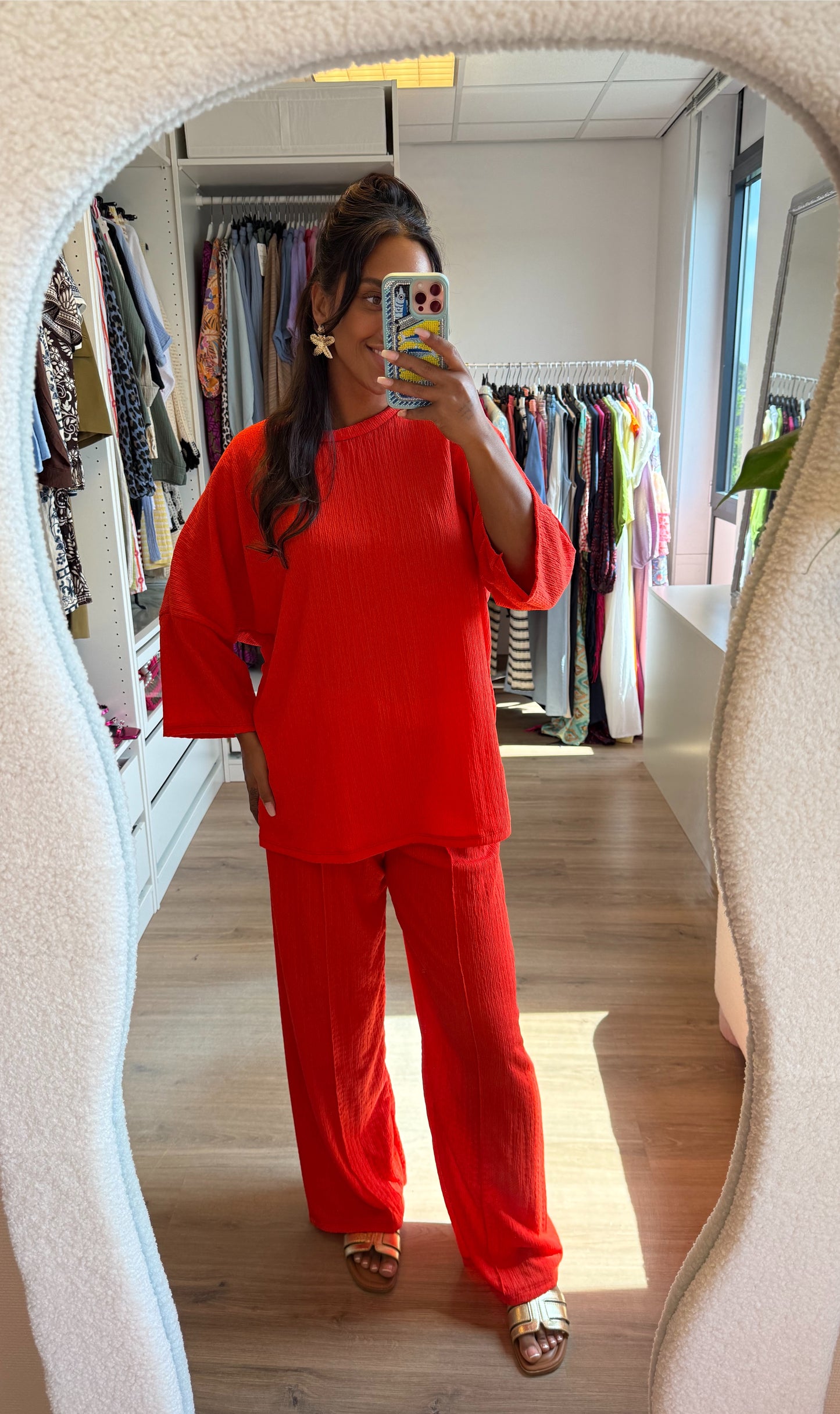 Tweedelige set met crepe print oranje