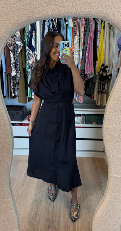 Viscose midi jurk met strik zwart