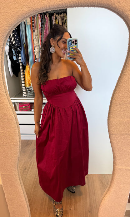 Katoenen midi jurk met empire taille bordeaux
