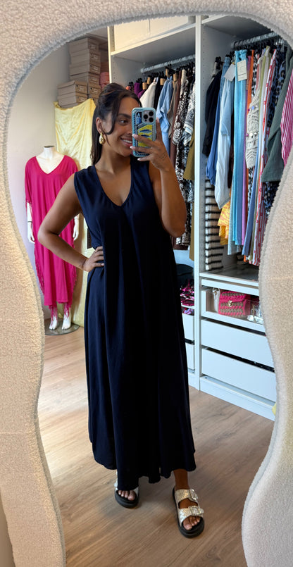 Maxi jurk met v hals donkerblauw