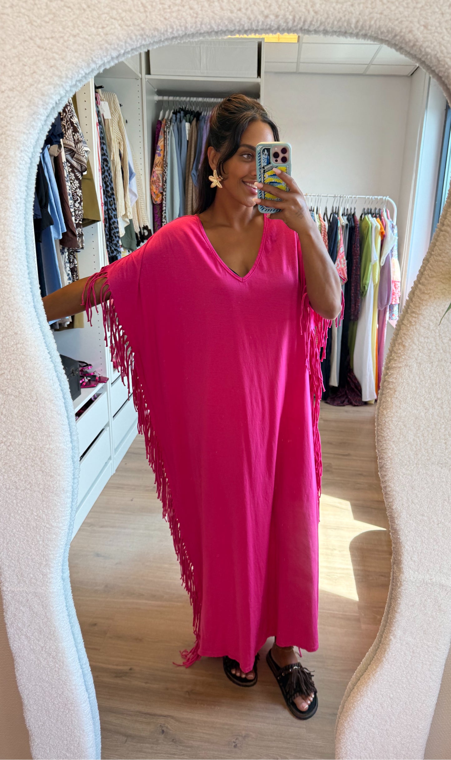 Maxi fringe jurk roze