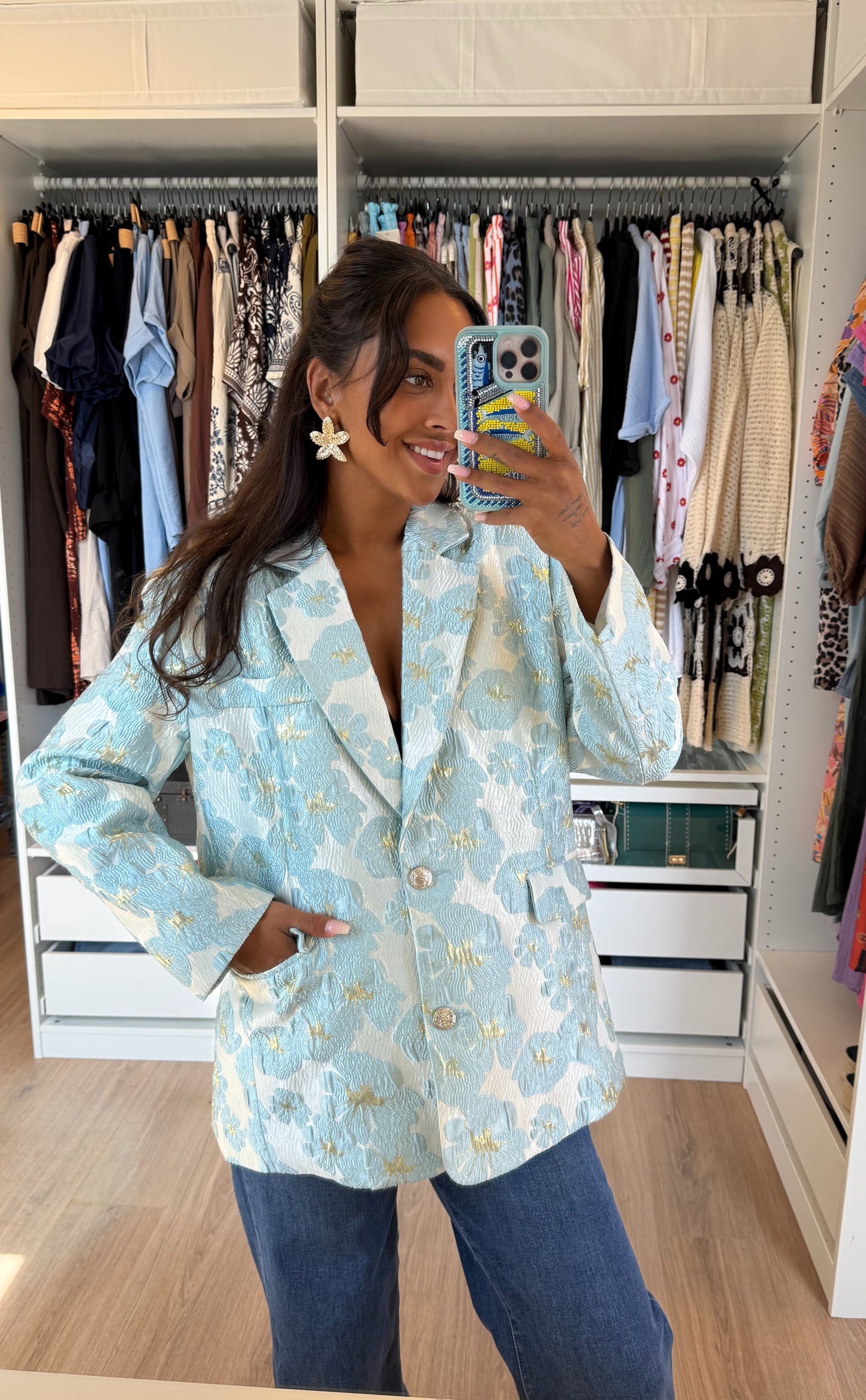 Blazer van jacquard met bloemenprint lichtblauw & goud