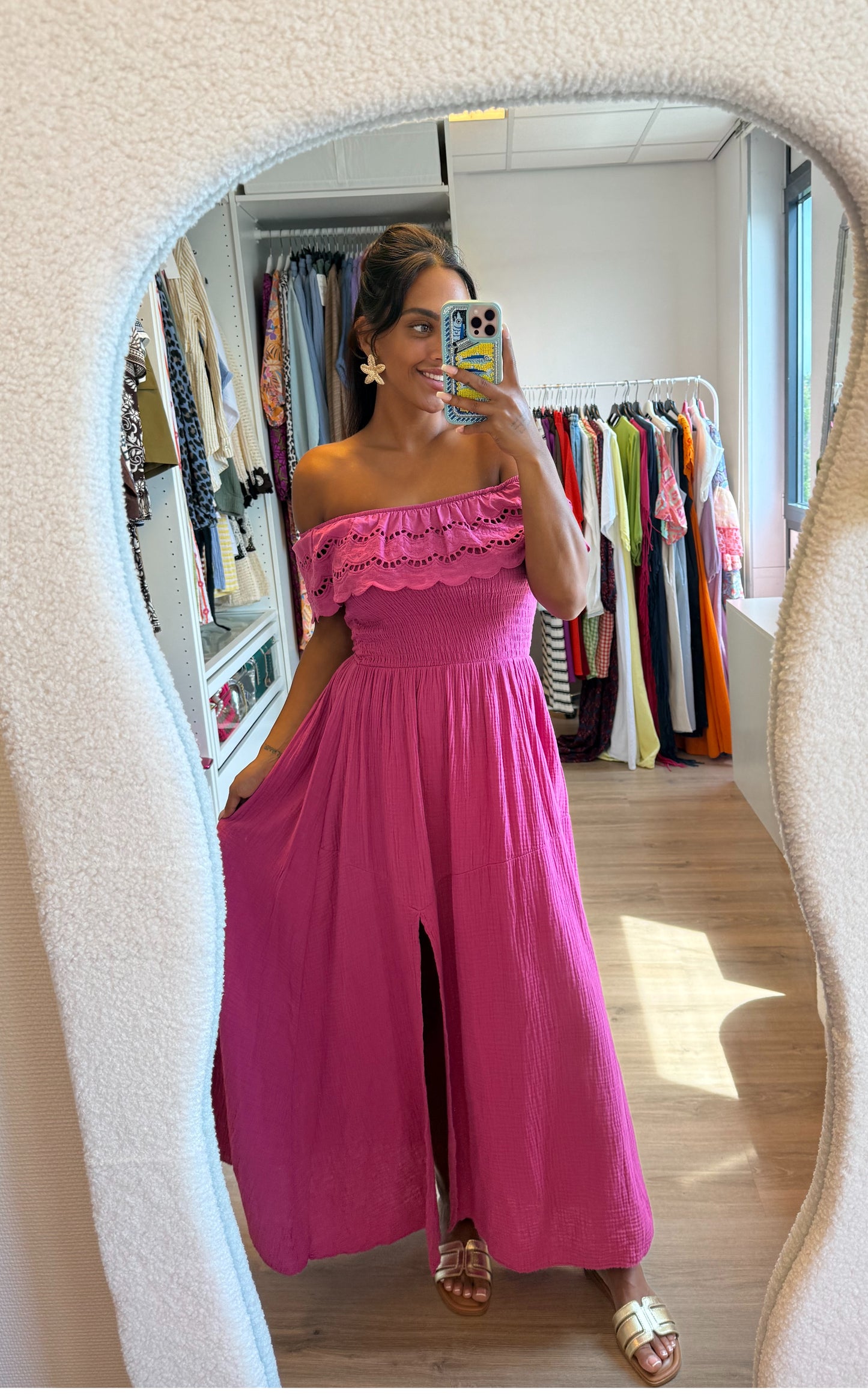 Mousseline maxi jurk met split magenta