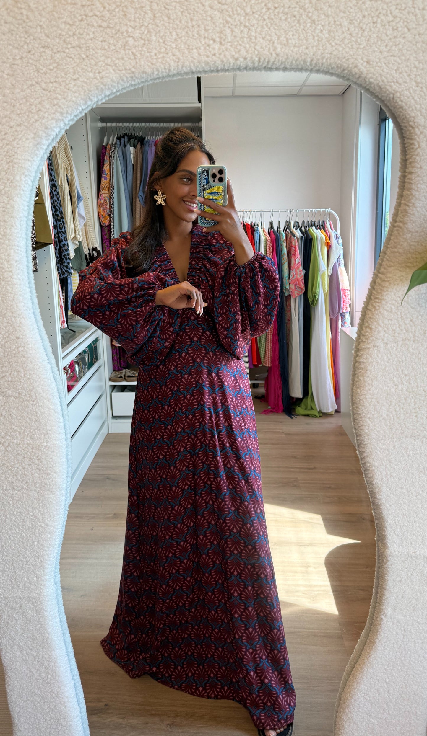 Maxi jurk met print & ballonmouwen roze & blauw