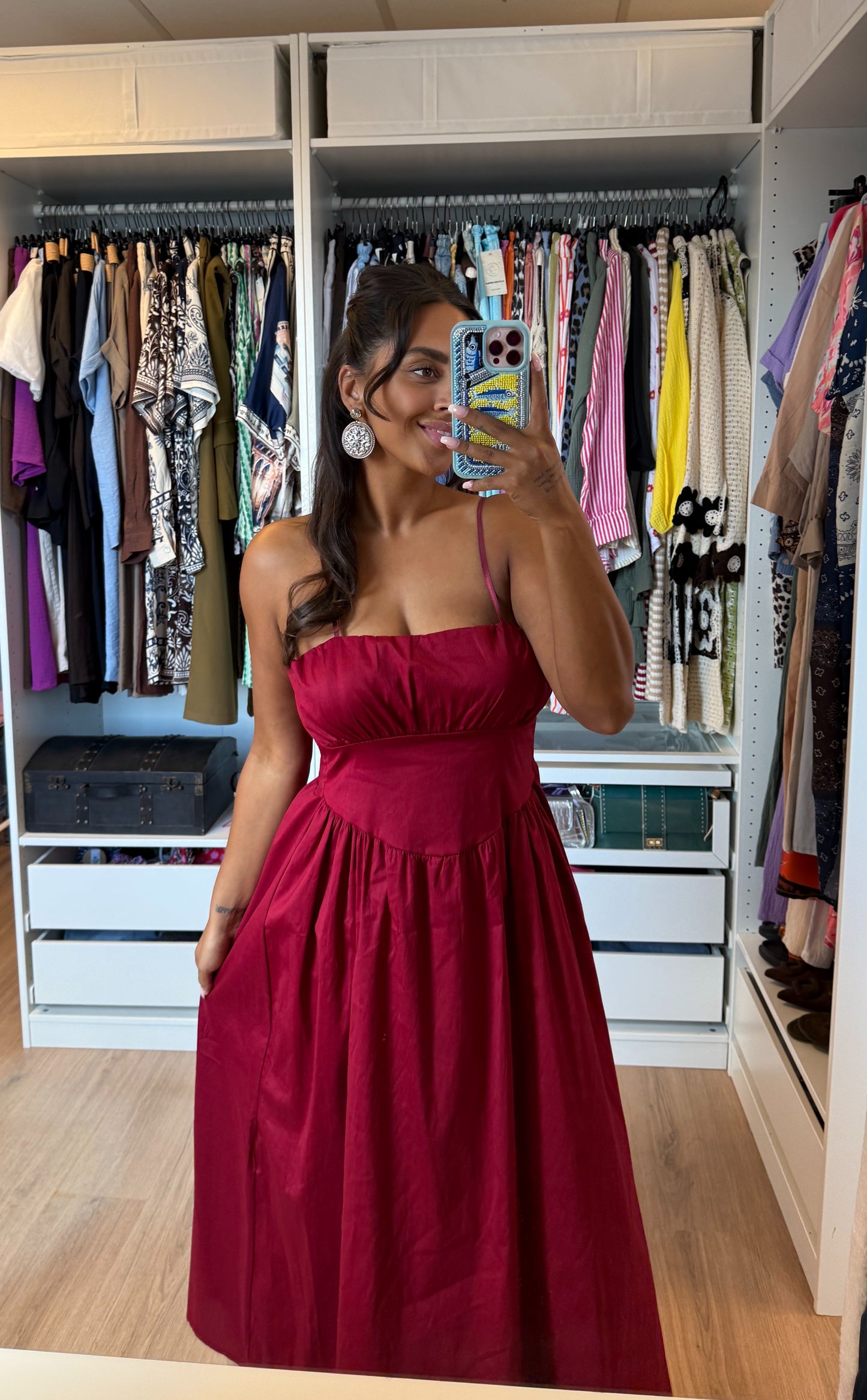 Katoenen midi jurk met empire taille bordeaux