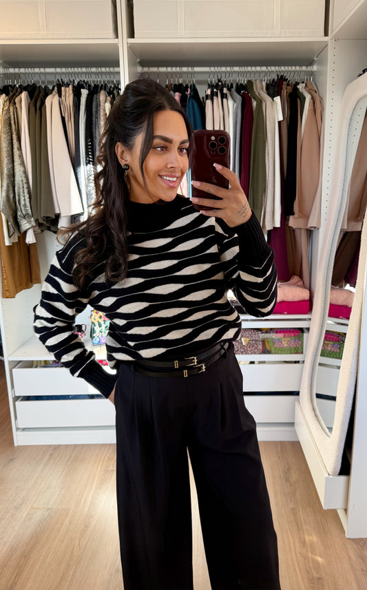 Print sweater black & beige