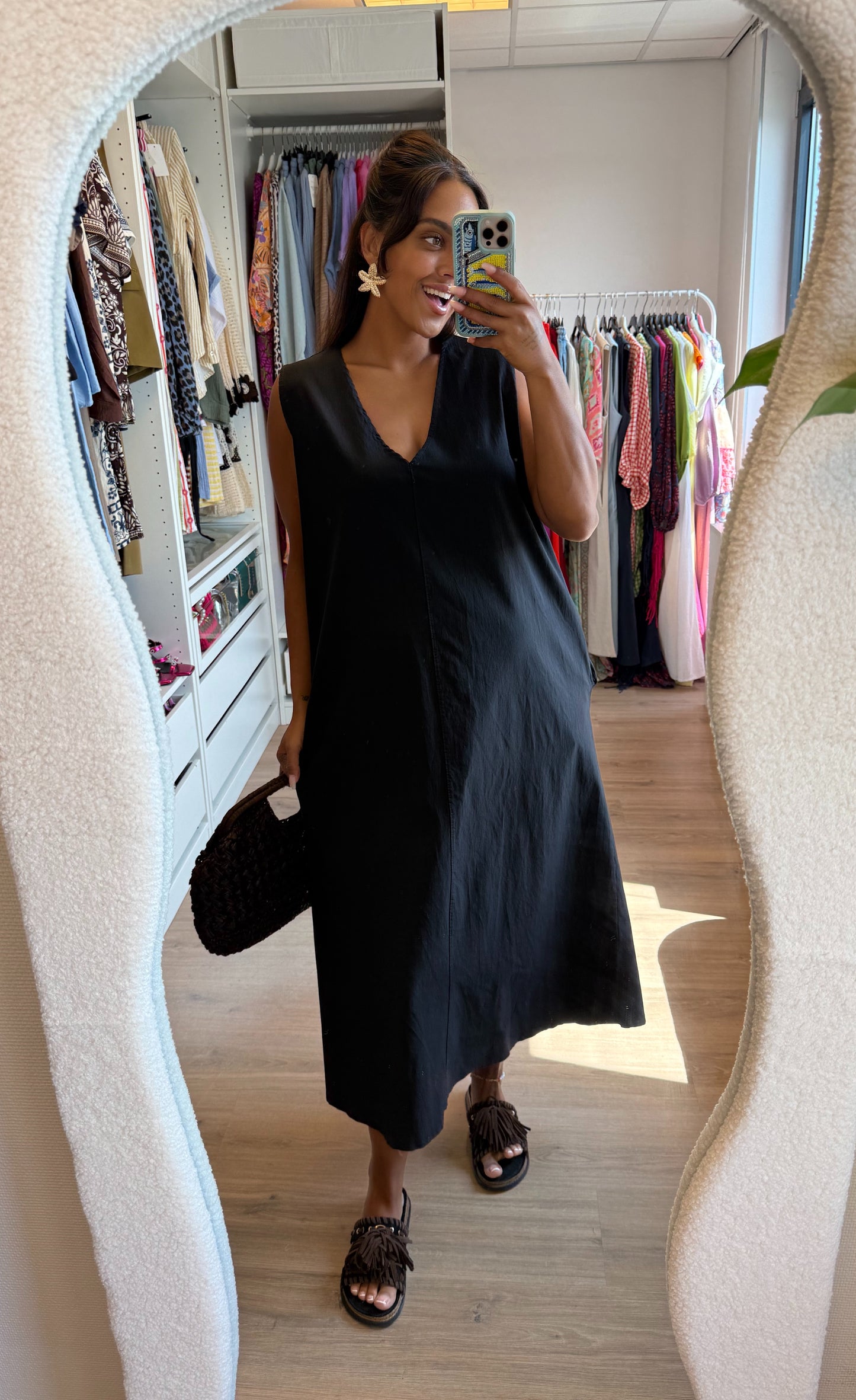 Viscose maxi jurk met vhals & zakken zwart