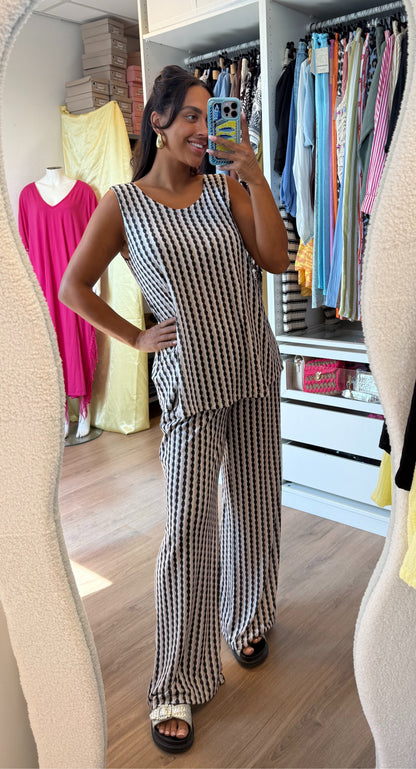 Tweedelige set shiny met print beige & zwart