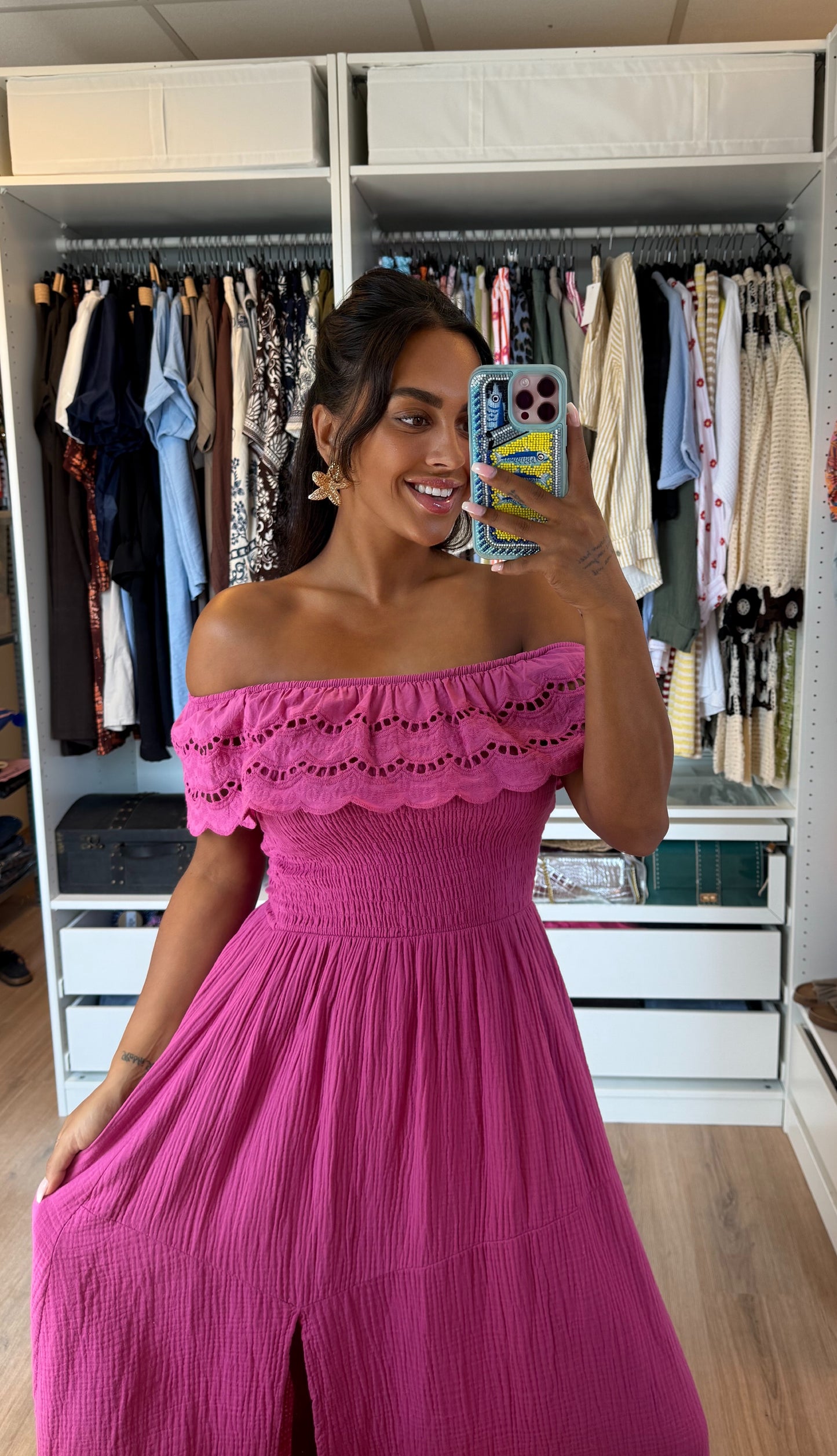 Mousseline maxi jurk met split magenta