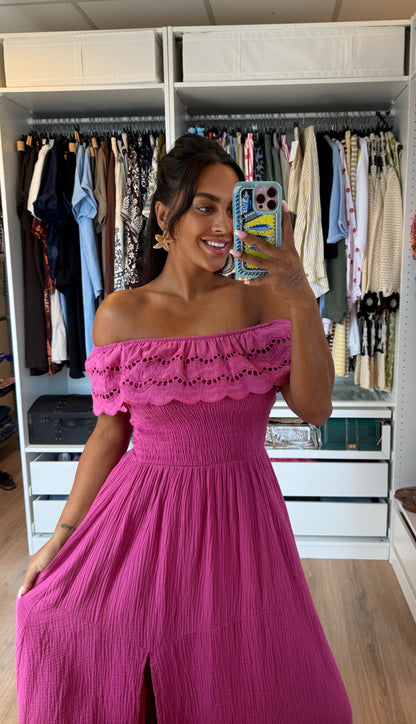 Mousseline maxi jurk met split magenta